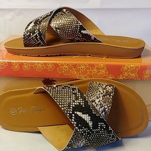 FUN FLOPS Snake print Cross-over slides. Size 6 or 8  NEW!